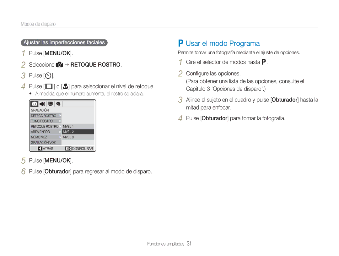 Samsung EC-NV9ZZBBA/E1, EC-NV9ZZPBA/FR manual Usar el modo Programa, Ajustar las imperfecciones faciales 1 Pulse MENU/OK 