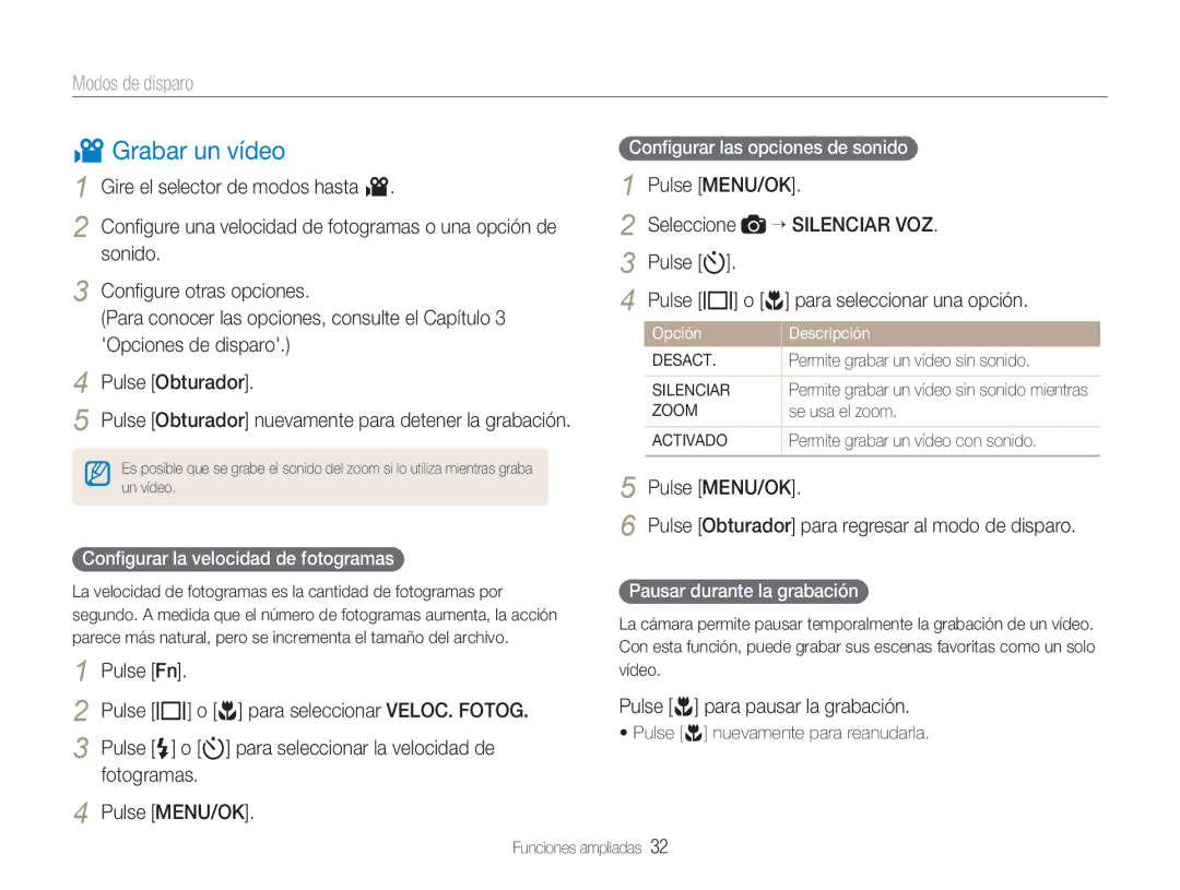 Samsung EC-NV9ZZPBA/FR, EC-NV9ZZSBA/E1 manual Grabar un vídeo, Seleccione, Pulse t Pulse w o r para seleccionar una opción 