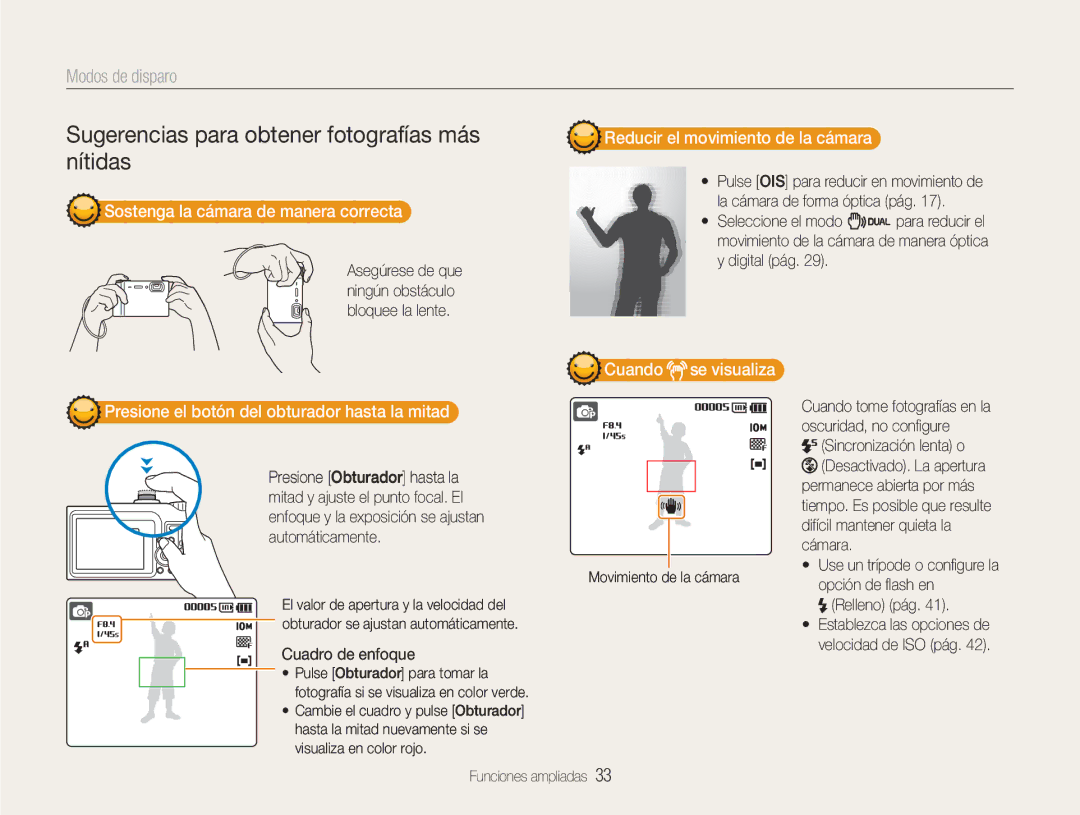 Samsung EC-NV9ZZSBA/E1 manual Sostenga la cámara de manera correcta, Reducir el movimiento de la cámara, Cuadro de enfoque 