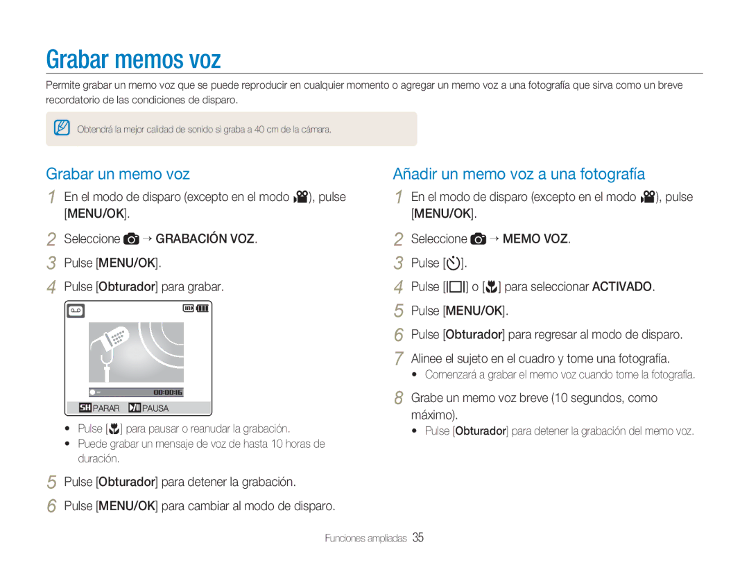 Samsung EC-NV9ZZPBA/FR, EC-NV9ZZSBA/E1 manual Grabar memos voz, Grabar un memo voz, Añadir un memo voz a una fotografía 