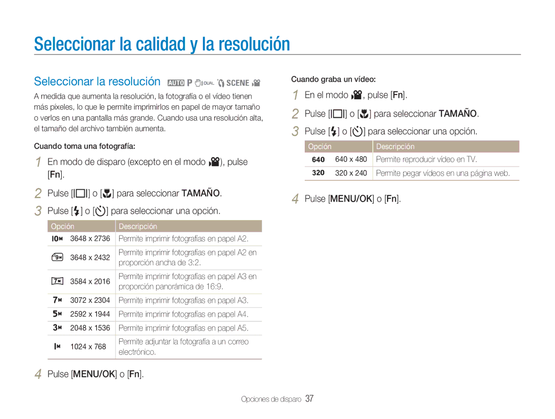 Samsung EC-NV9ZZBBA/E1, EC-NV9ZZPBA/FR manual Seleccionar la calidad y la resolución, Seleccionar la resolución 2 1 7 5 4 