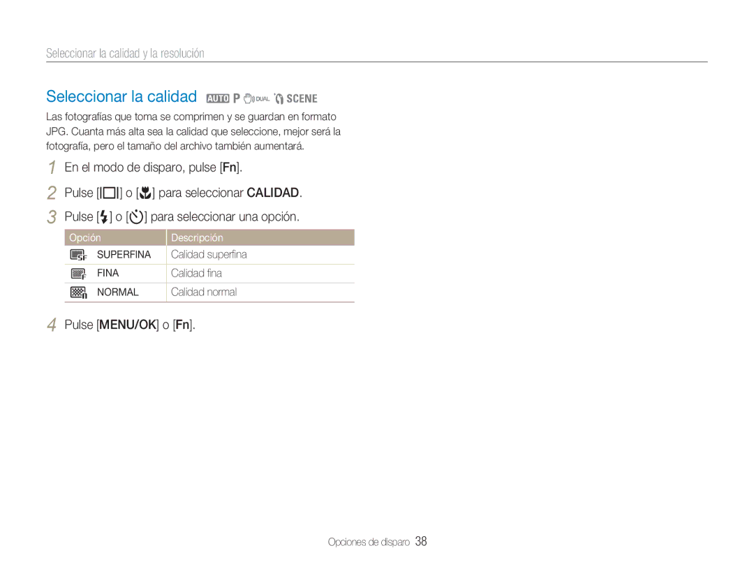 Samsung EC-NV9ZZPBA/FR, EC-NV9ZZSBA/E1 manual Seleccionar la calidad 2 1 7 5, Seleccionar la calidad y la resolución 