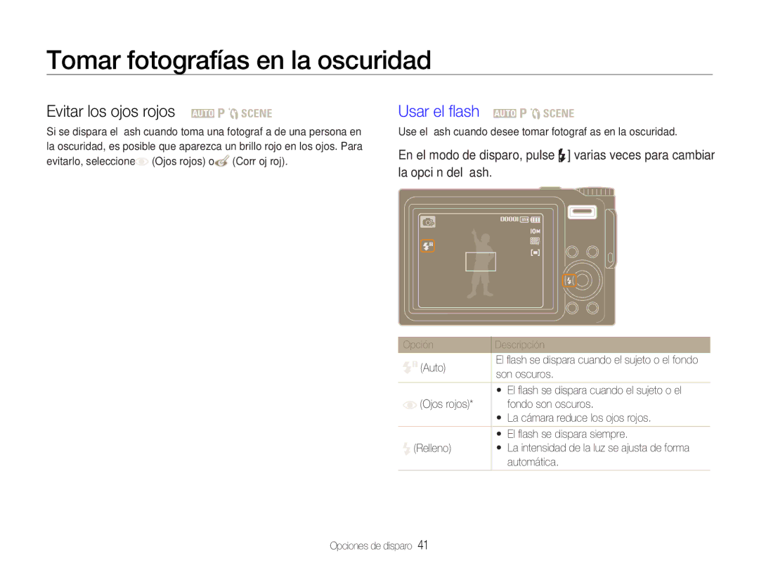 Samsung EC-NV9ZZPBA/FR, EC-NV9ZZSBA/E1 Tomar fotografías en la oscuridad, Evitar los ojos rojos 2 1 5, Usar el ﬂash 2 1 5 