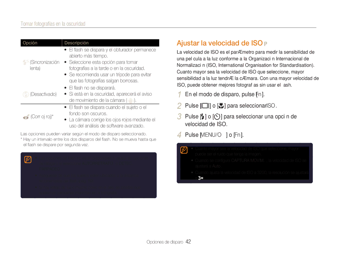 Samsung EC-NV9ZZSBA/E1, EC-NV9ZZPBA/FR, EC-NV9ZZBBA/E1 manual Ajustar la velocidad de ISO, Tomar fotografías en la oscuridad 