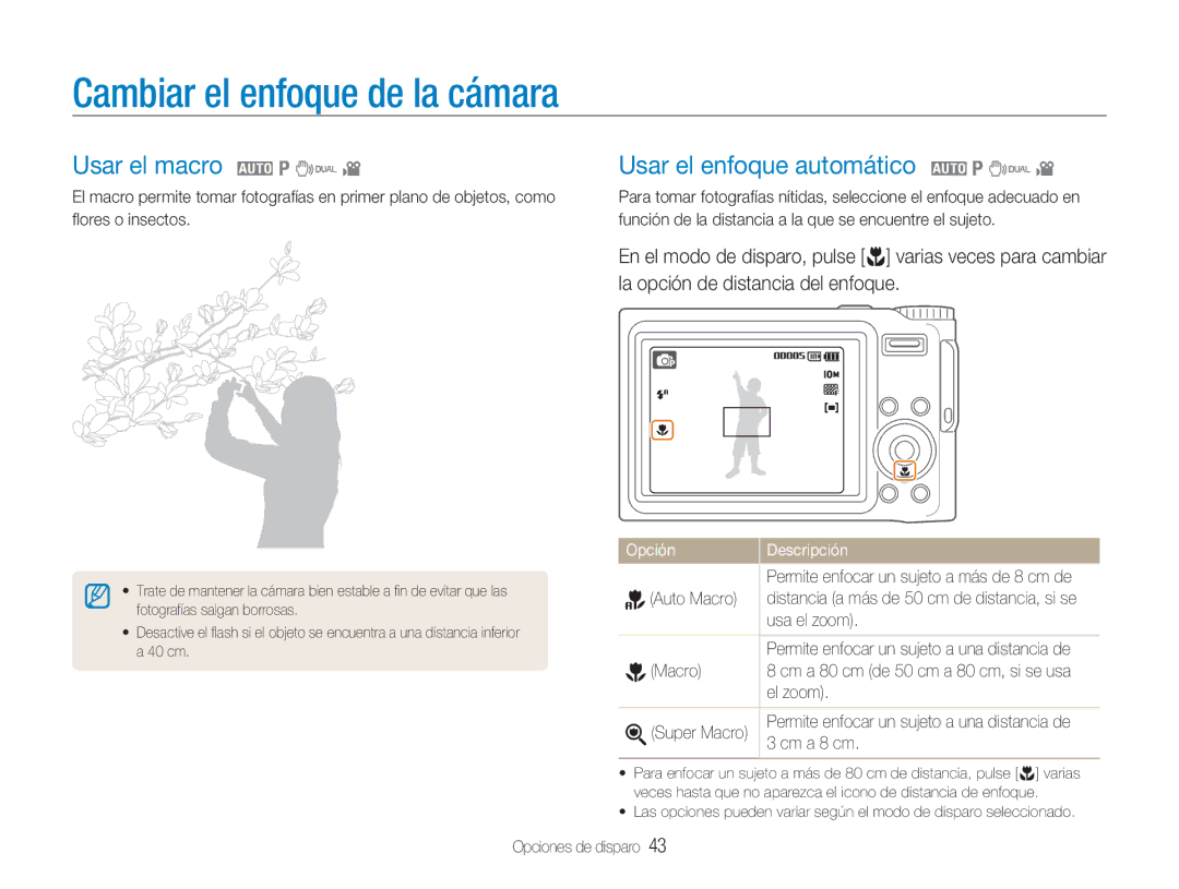 Samsung EC-NV9ZZBBA/E1 manual Cambiar el enfoque de la cámara, Usar el macro 2 1 7, Usar el enfoque automático 2 1 7 