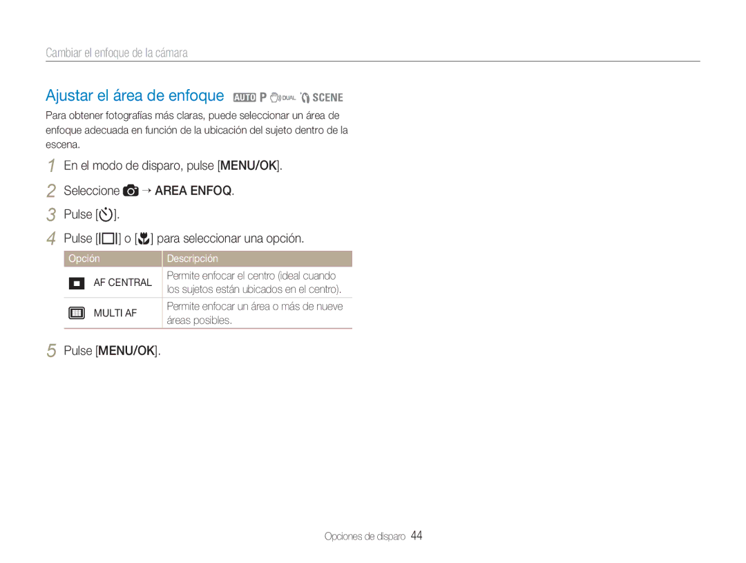 Samsung EC-NV9ZZPBA/FR manual Ajustar el área de enfoque 2 1 7 5, Cambiar el enfoque de la cámara, AF Central, Multi AF 