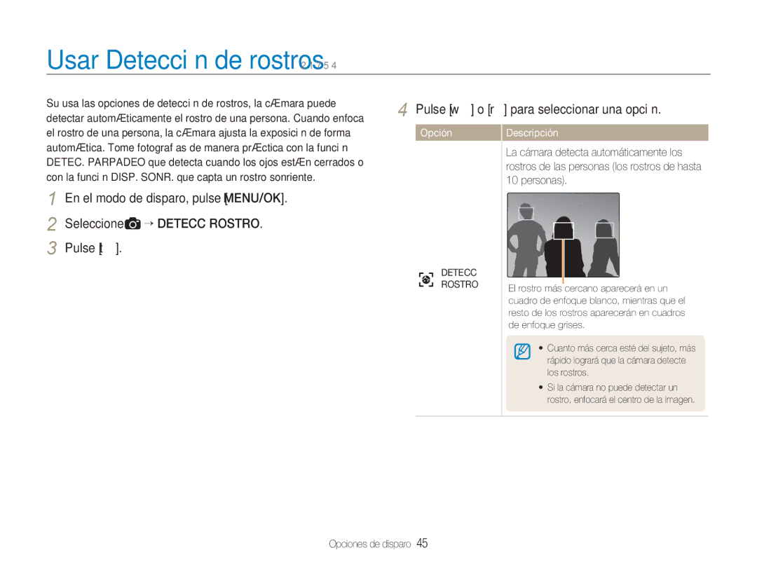 Samsung EC-NV9ZZSBA/E1, EC-NV9ZZPBA/FR, EC-NV9ZZBBA/E1 manual Usar Detección de rostros 2 1 7 5, Detecc Rostro 