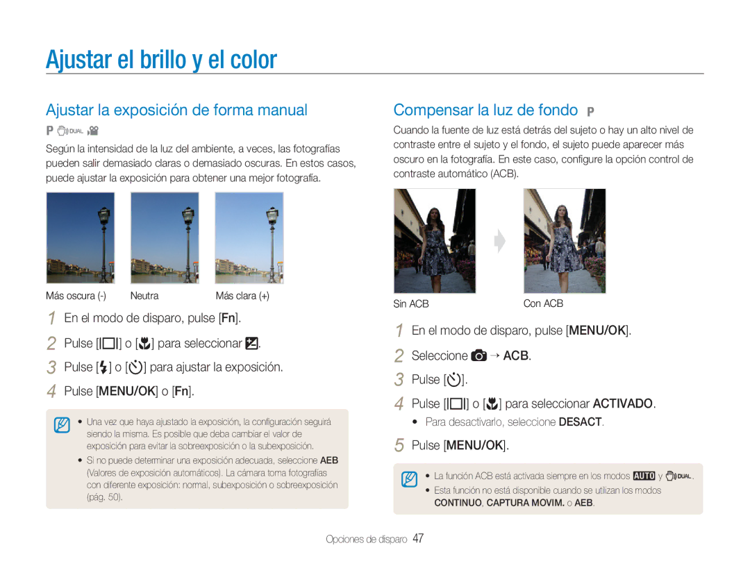 Samsung EC-NV9ZZPBA/FR Ajustar el brillo y el color, Ajustar la exposición de forma manual, Compensar la luz de fondo 