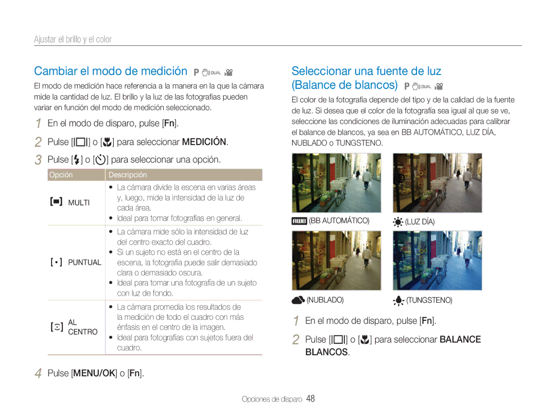 Samsung EC-NV9ZZSBA/E1 manual Cambiar el modo de medición 1 7, Seleccionar una fuente de luz Balance de blancos 1 7 