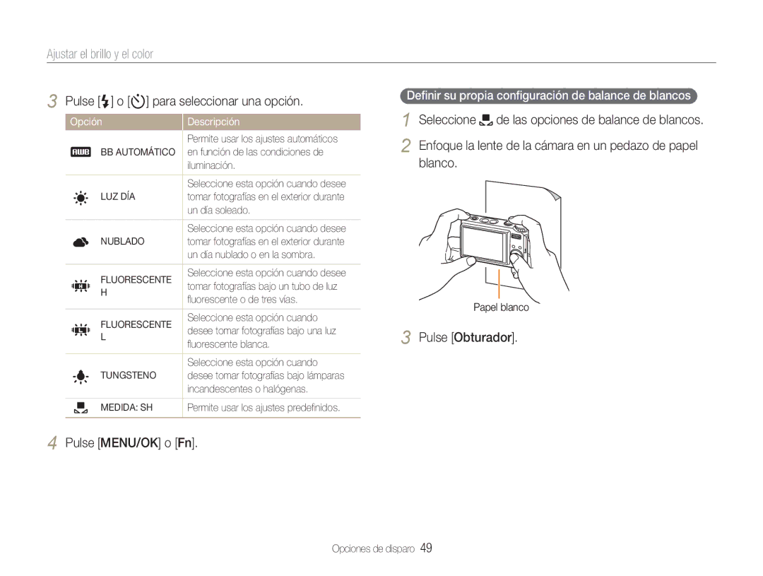 Samsung EC-NV9ZZBBA/E1, EC-NV9ZZPBA/FR, EC-NV9ZZSBA/E1 manual Blanco, Deﬁnir su propia conﬁguración de balance de blancos 