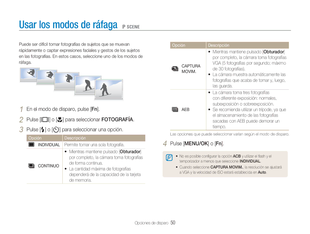 Samsung EC-NV9ZZPBA/FR manual Usar los modos de ráfaga 1, Pulse w o r para seleccionar Fotografía, Continuo, Captura, Movim 