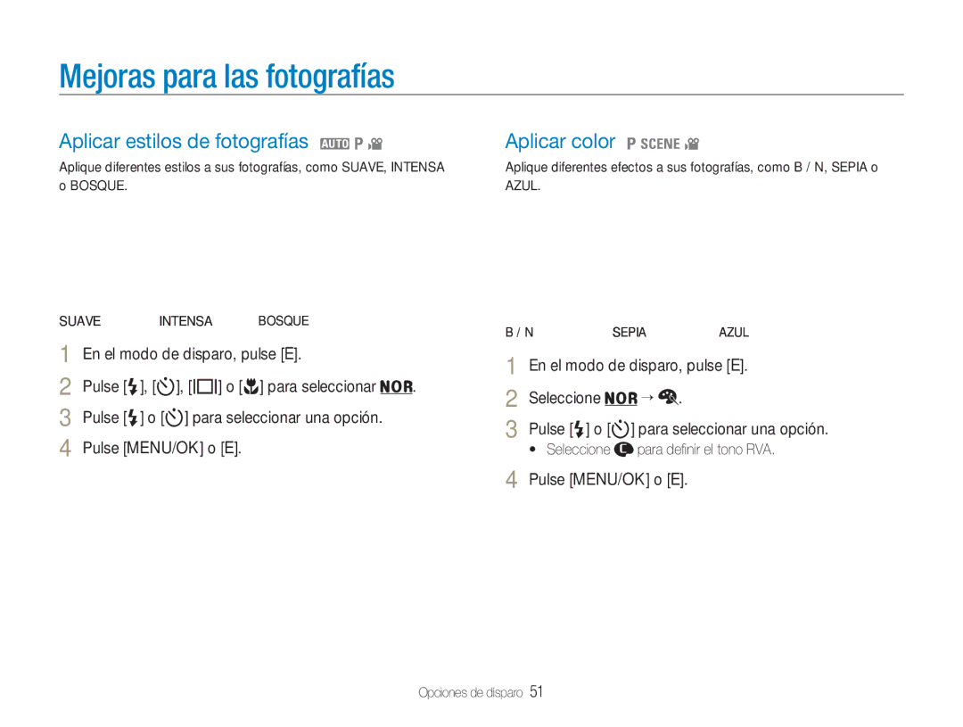 Samsung EC-NV9ZZSBA/E1 manual Mejoras para las fotografías, Aplicar estilos de fotografías 2 1, Aplicar color 1 4, Sepia 