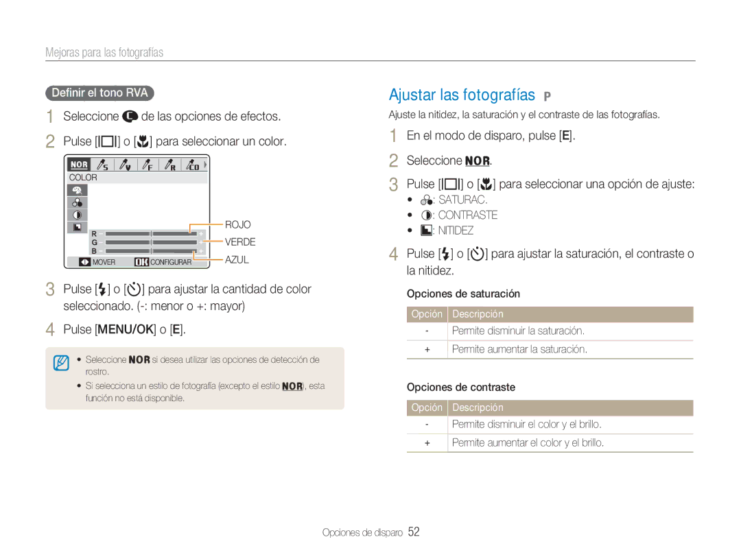 Samsung EC-NV9ZZBBA/E1, EC-NV9ZZPBA/FR manual Ajustar las fotografías, Mejoras para las fotografías, Deﬁnir el tono RVA 