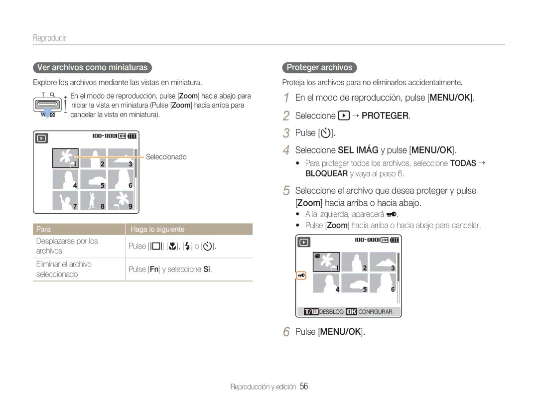 Samsung EC-NV9ZZPBA/FR, EC-NV9ZZSBA/E1 manual Reproducir, Seleccione “ Proteger, Seleccione SEL Imág y pulse MENU/OK 