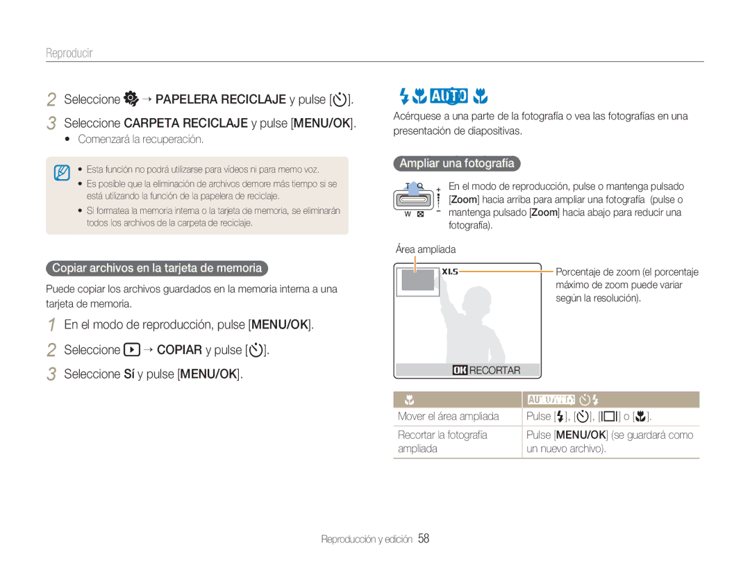 Samsung EC-NV9ZZBBA/E1, EC-NV9ZZPBA/FR Ver fotografías, Ampliar una fotografía, Copiar archivos en la tarjeta de memoria 