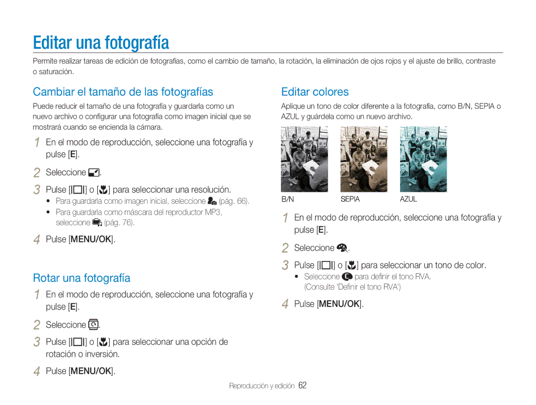 Samsung EC-NV9ZZPBA/FR Editar una fotografía, Cambiar el tamaño de las fotografías, Rotar una fotografía, Editar colores 