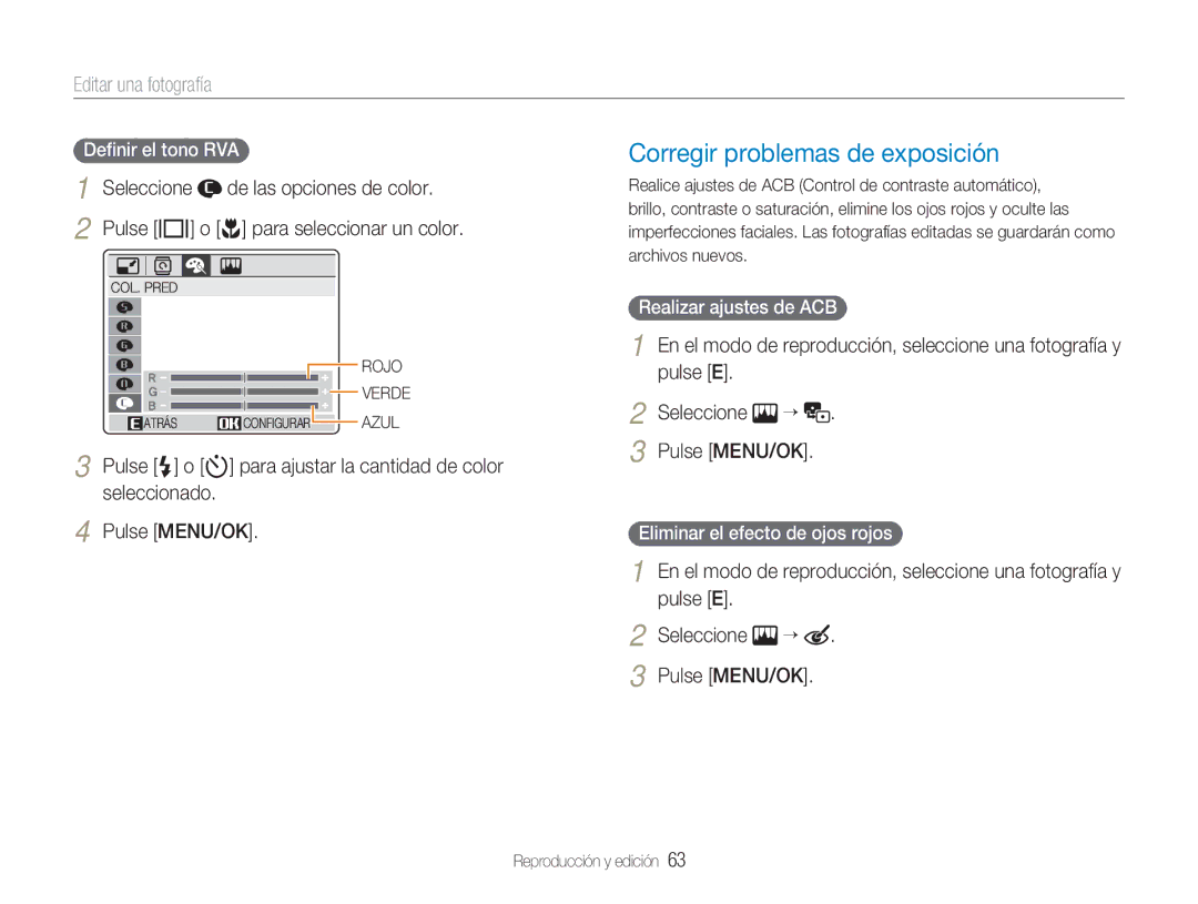 Samsung EC-NV9ZZSBA/E1, EC-NV9ZZPBA/FR Corregir problemas de exposición, Editar una fotografía, Realizar ajustes de ACB 