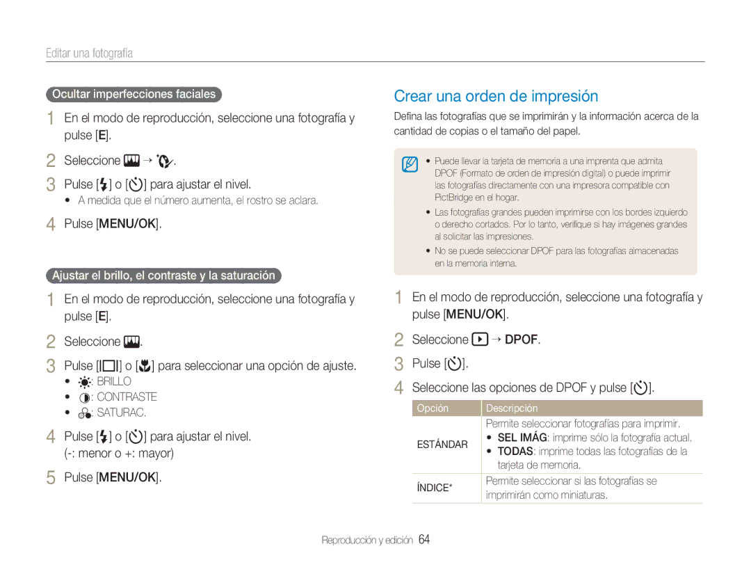 Samsung EC-NV9ZZBBA/E1, EC-NV9ZZPBA/FR Crear una orden de impresión, Pulse t Seleccione las opciones de Dpof y pulse t 