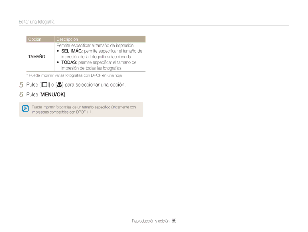 Samsung EC-NV9ZZPBA/FR, EC-NV9ZZSBA/E1, EC-NV9ZZBBA/E1 manual Pulse w o r para seleccionar una opción Pulse MENU/OK, Tamaño 