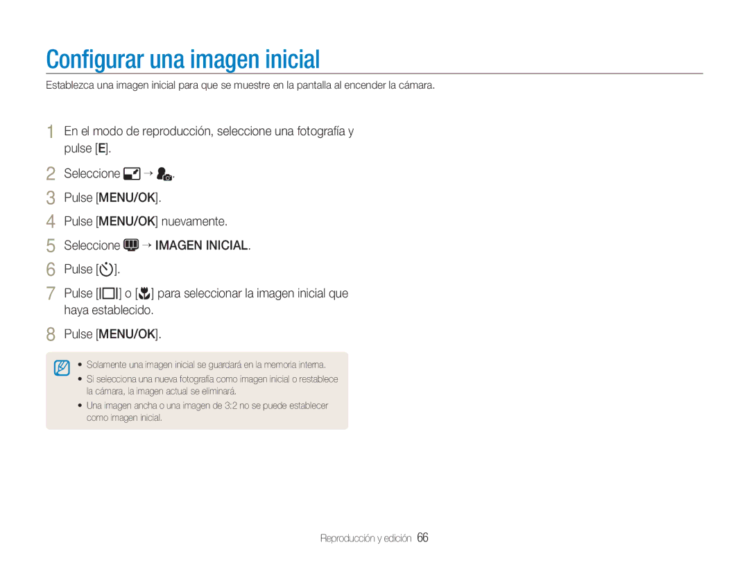 Samsung EC-NV9ZZSBA/E1 manual Conﬁgurar una imagen inicial, Pulse E Seleccione Pulse MENU/OK Pulse MENU/OK nuevamente 