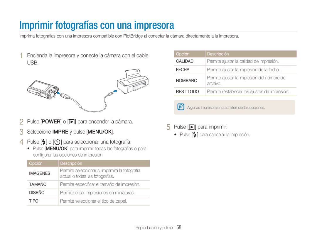 Samsung EC-NV9ZZPBA/FR Imprimir fotografías con una impresora, Encienda la impresora y conecte la cámara con el cable USB 