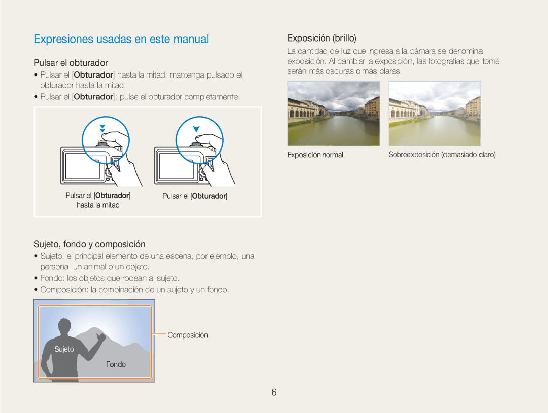 Samsung EC-NV9ZZSBA/E1, EC-NV9ZZPBA/FR Expresiones usadas en este manual, Pulsar el obturador, Exposición brillo 