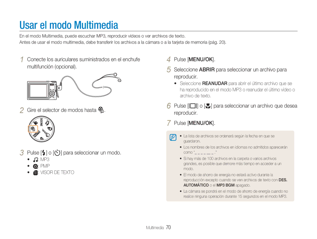 Samsung EC-NV9ZZBBA/E1, EC-NV9ZZPBA/FR, EC-NV9ZZSBA/E1 manual Usar el modo Multimedia 