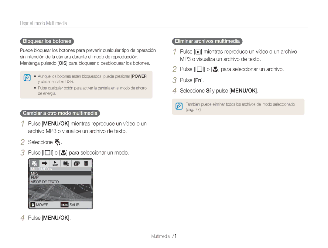 Samsung EC-NV9ZZPBA/FR Usar el modo Multimedia, Seleccione Pulse w o r para seleccionar un modo, Bloquear los botones 