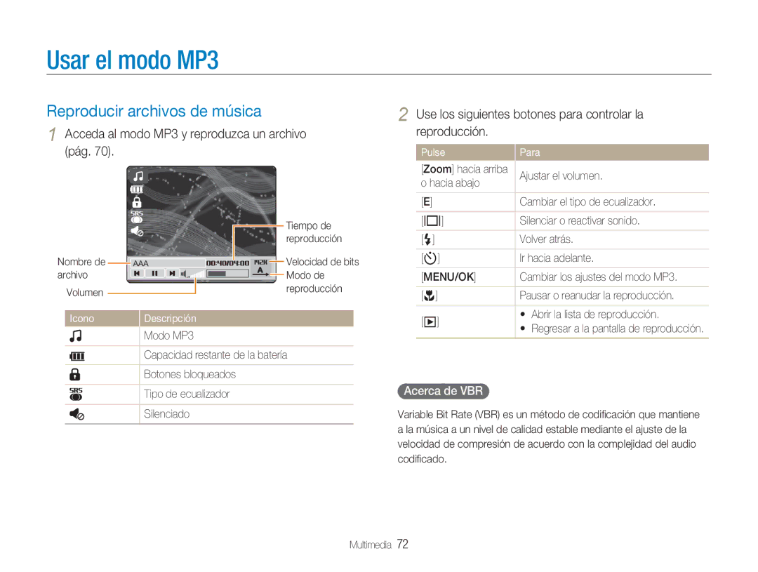 Samsung EC-NV9ZZSBA/E1, EC-NV9ZZPBA/FR, EC-NV9ZZBBA/E1 manual Usar el modo MP3, Reproducir archivos de música, Acerca de VBR 