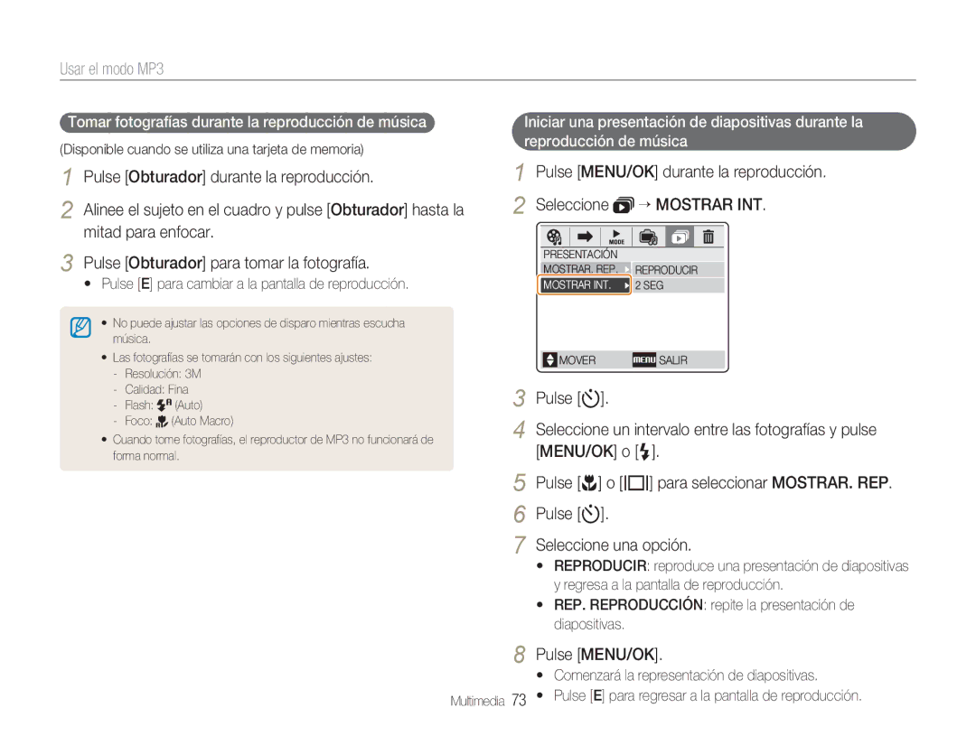 Samsung EC-NV9ZZBBA/E1 manual Usar el modo MP3, Reproducción de música, Disponible cuando se utiliza una tarjeta de memoria 