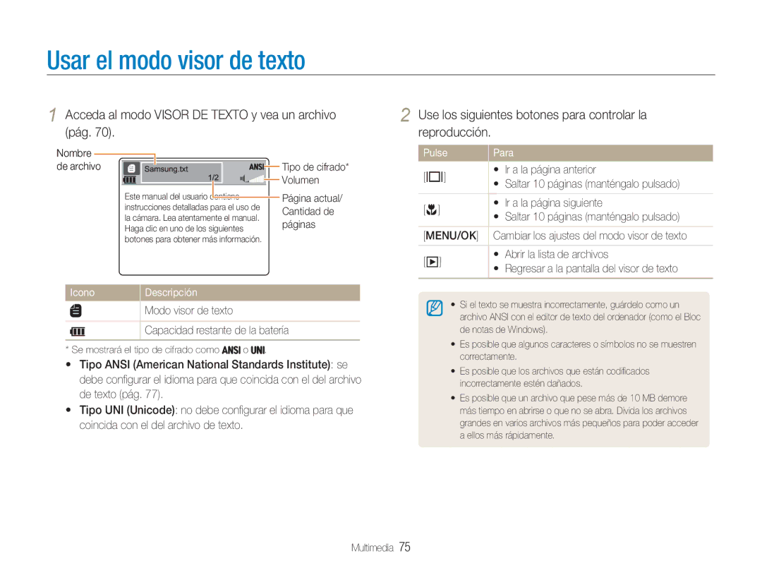 Samsung EC-NV9ZZSBA/E1 Usar el modo visor de texto, Tipo de cifrado Volumen, Ir a la página anterior, Modo visor de texto 