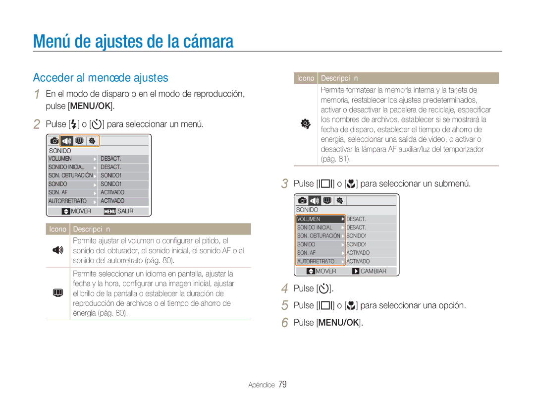 Samsung EC-NV9ZZBBA/E1 Menú de ajustes de la cámara, Acceder al menú de ajustes, Pulse w o r para seleccionar un submenú 