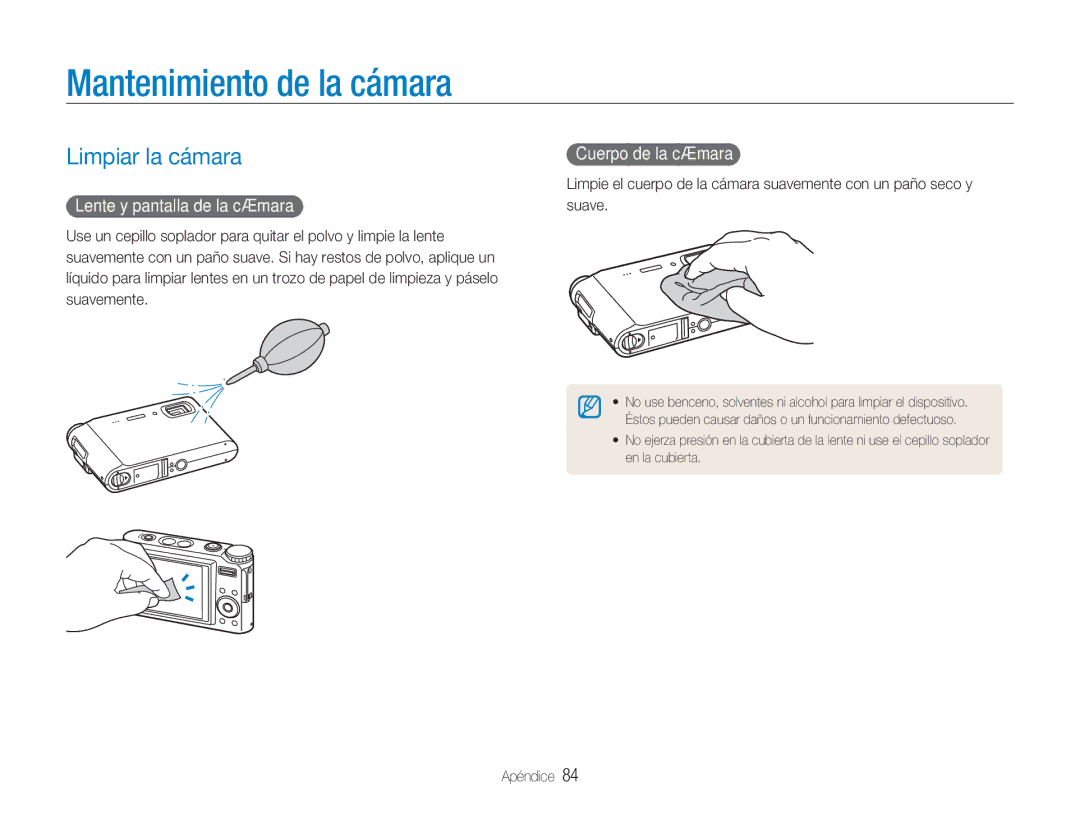 Samsung EC-NV9ZZSBA/E1, EC-NV9ZZPBA/FR, EC-NV9ZZBBA/E1 Mantenimiento de la cámara, Limpiar la cámara, Cuerpo de la cámara 