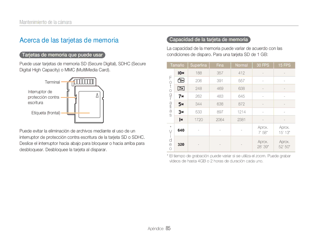 Samsung EC-NV9ZZBBA/E1 Acerca de las tarjetas de memoria, Mantenimiento de la cámara, Tarjetas de memoria que puede usar 