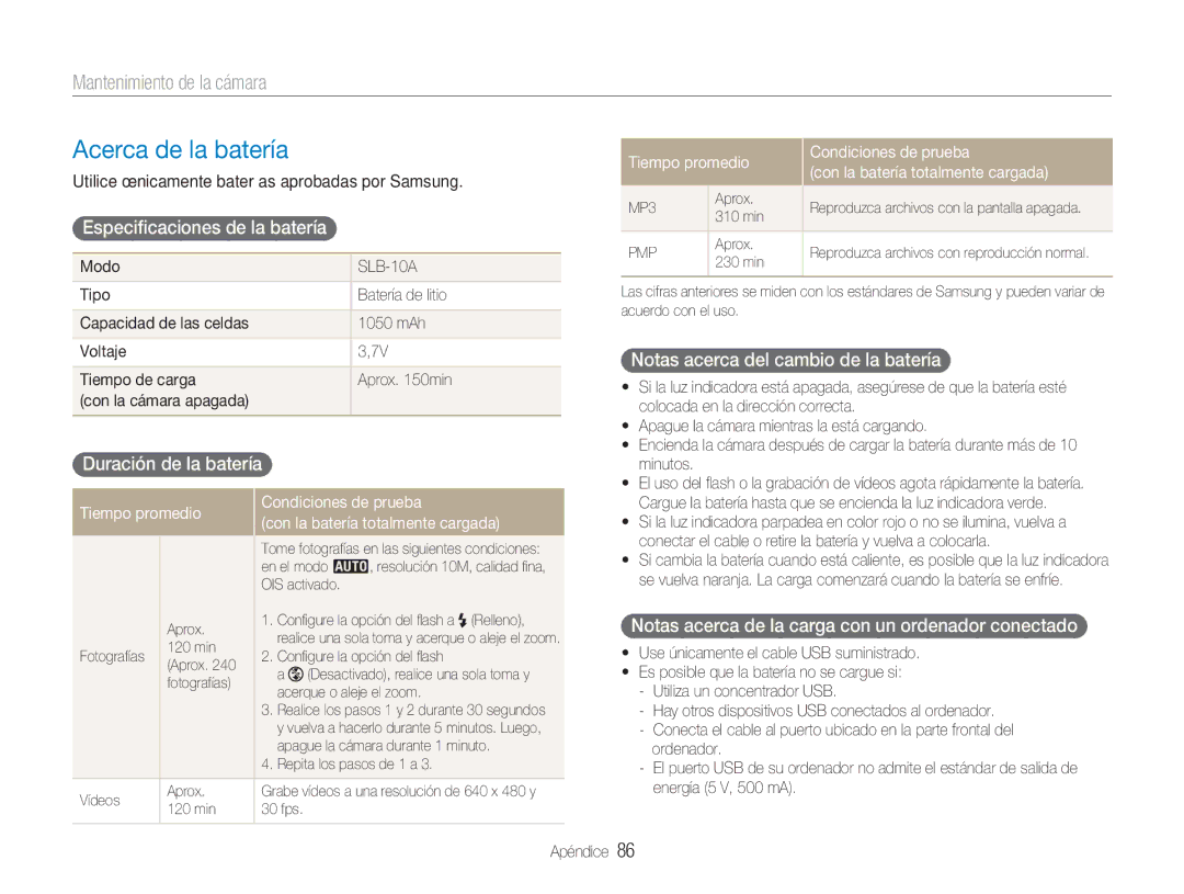 Samsung EC-NV9ZZPBA/FR, EC-NV9ZZSBA/E1 manual Acerca de la batería, Especiﬁcaciones de la batería, Duración de la batería 