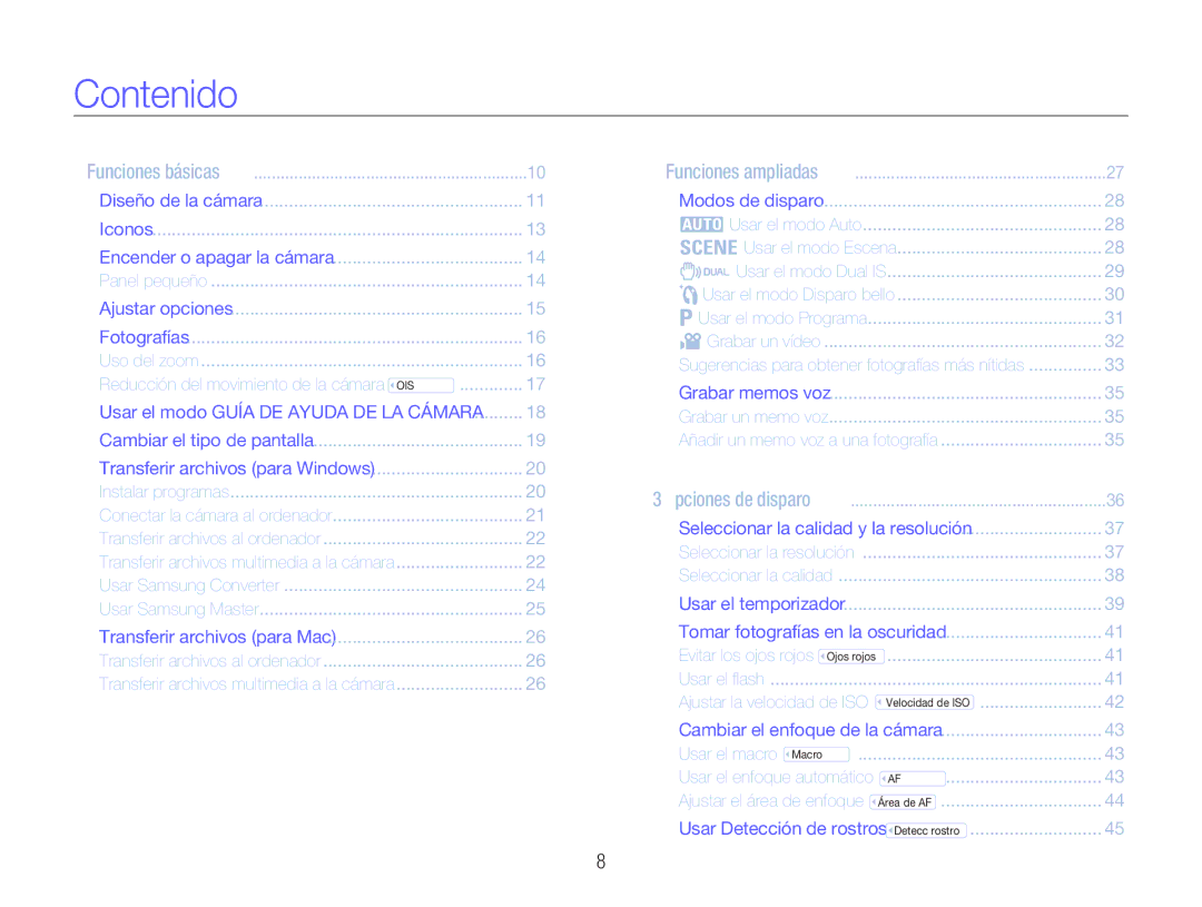 Samsung EC-NV9ZZPBA/FR, EC-NV9ZZSBA/E1, EC-NV9ZZBBA/E1 manual Contenido 