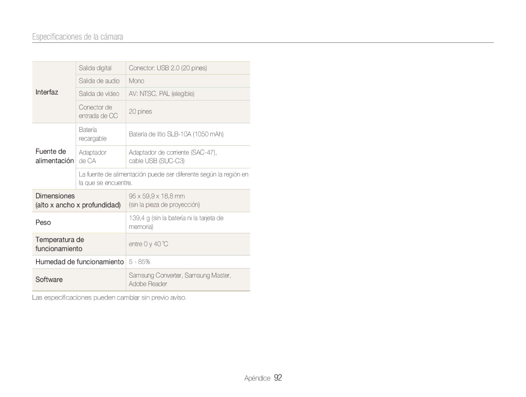 Samsung EC-NV9ZZPBA/FR, EC-NV9ZZSBA/E1, EC-NV9ZZBBA/E1 Interfaz, Fuente de, Peso, Temperatura de, Funcionamiento, Software 