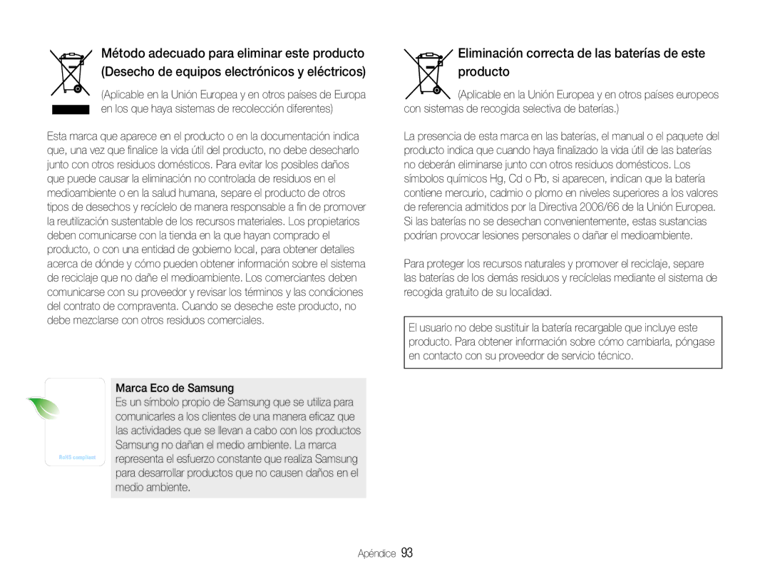 Samsung EC-NV9ZZSBA/E1, EC-NV9ZZPBA/FR, EC-NV9ZZBBA/E1 manual Eliminación correcta de las baterías de este producto 