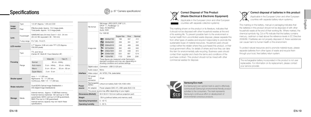 Samsung EC-NV9ZZBBA/VN, EC-NV9ZZSBA/FR, EC-NV9ZZPBA/FR, EC-NV9ZZBBA/FR manual Speciﬁcations, EN-18 EN-19, Samsung Eco-mark 