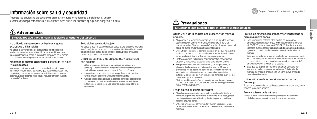 Samsung EC-NV9ZZPBA/VN manual Información sobre salud y seguridad, Situaciones que pueden dañar la cámara u otros equipos 