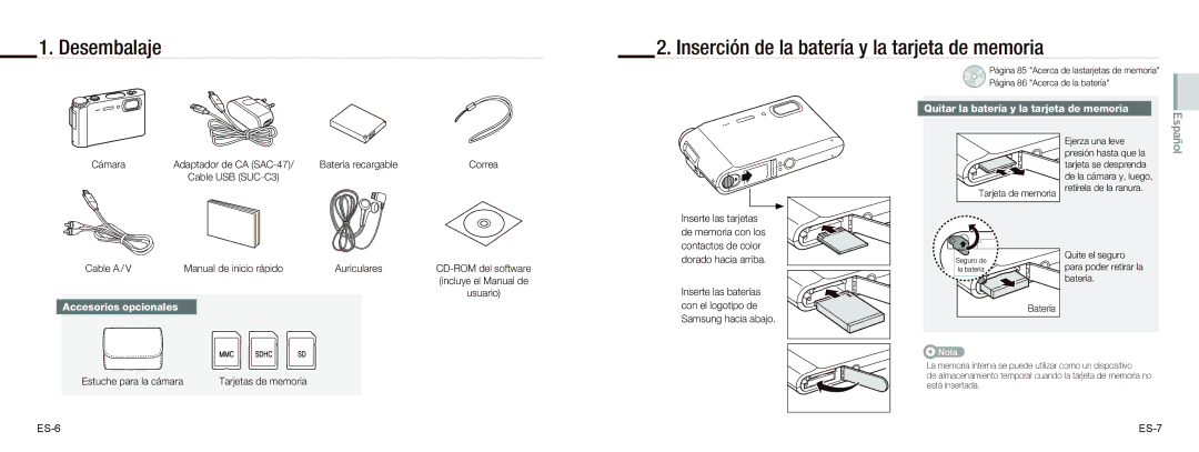 Samsung EC-NV9ZZBBA/E3, EC-NV9ZZSBA/FR, EC-NV9ZZPBA/FR manual Desembalaje Inserción de la batería y la tarjeta de memoria 