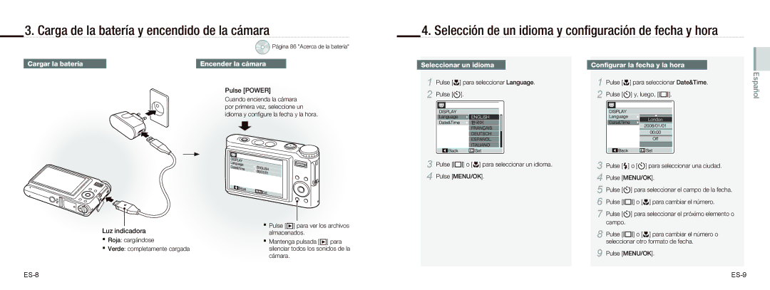 Samsung EC-NV9ZZSBA/E3 Carga de la batería y encendido de la cámara, Selección de un idioma y conﬁguración de fecha y hora 