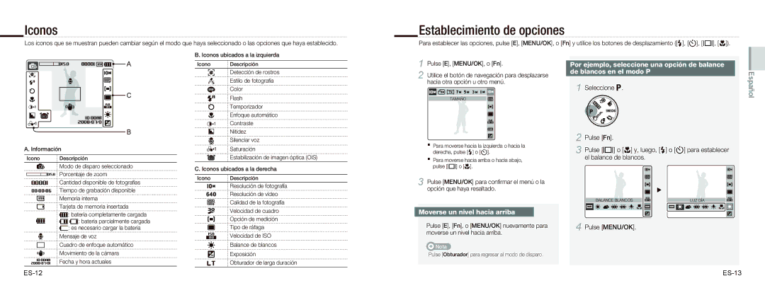 Samsung EC-NV9ZZSBA/E2 Iconos, Establecimiento de opciones, Moverse un nivel hacia arriba, Pulse MENU/OK, ES-12 ES-13 