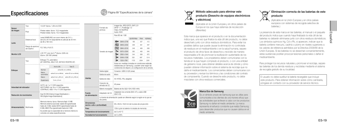 Samsung EC-NV9ZZBBA/RU, EC-NV9ZZSBA/FR, EC-NV9ZZPBA/FR, EC-NV9ZZBBA/FR, EC-NV9ZZSBA/IT manual Especiﬁcaciones, ES-18 ES-19 