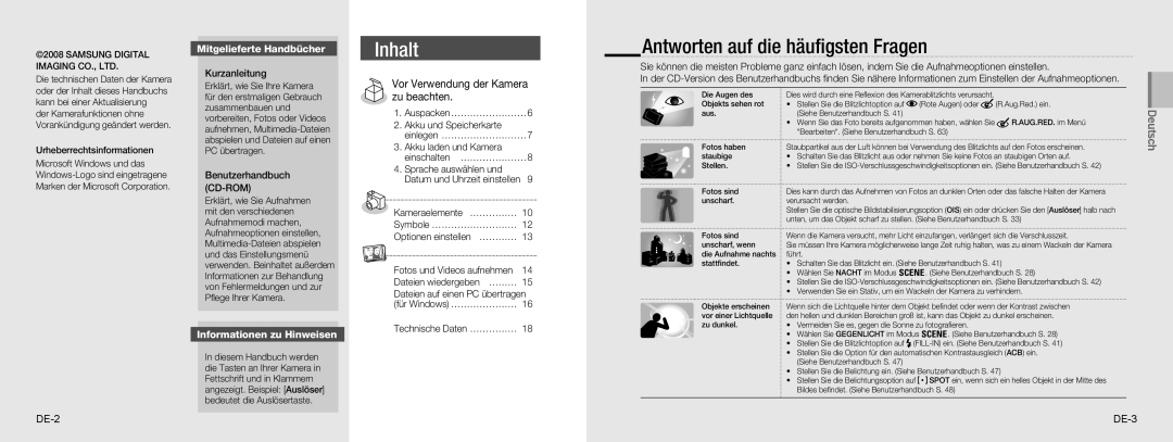 Samsung EC-NV9ZZSBA/VN Antworten auf die häuﬁgsten Fragen, Vor Verwendung der Kamera zu beachten, Mitgelieferte Handbücher 