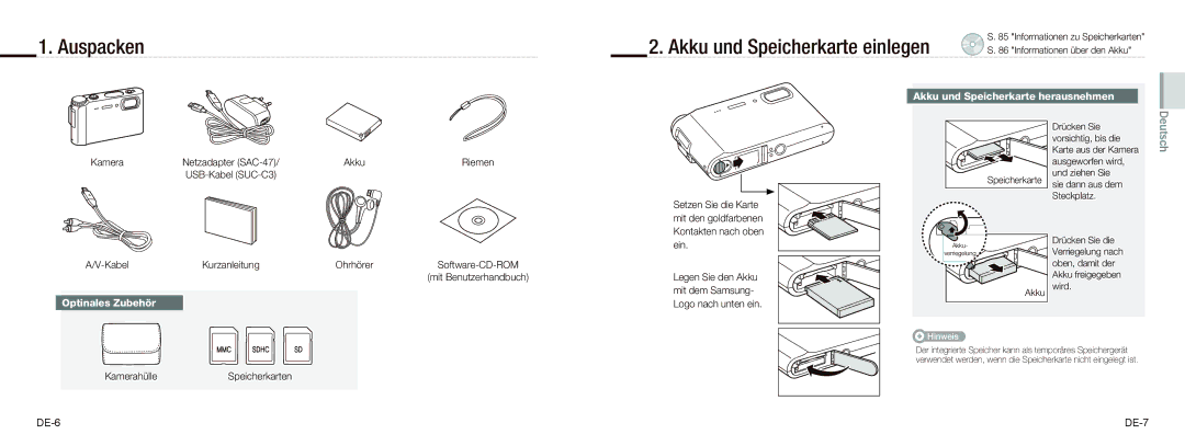 Samsung EC-NV9ZZBBA/E3 Auspacken Akku und Speicherkarte einlegen, Akku und Speicherkarte herausnehmen, Optinales Zubehör 