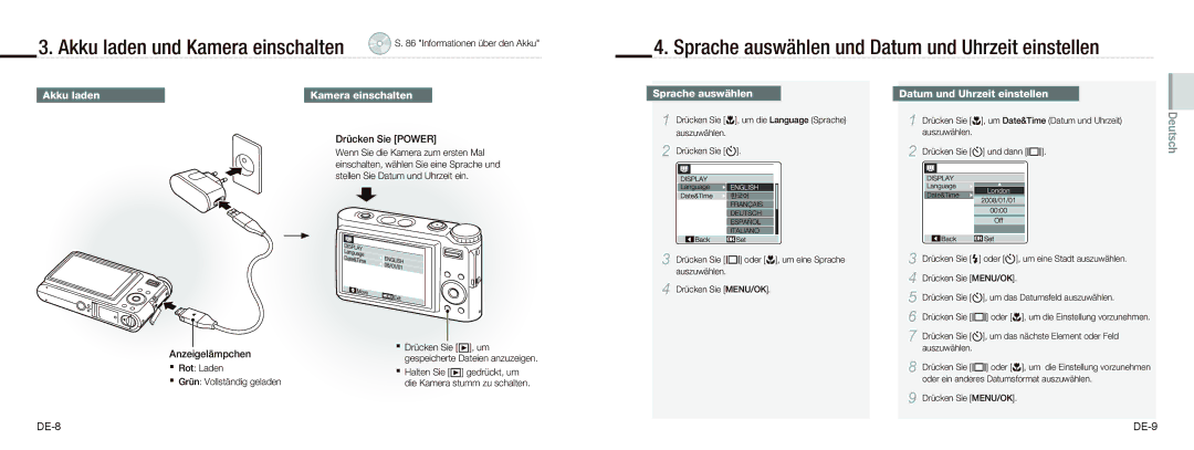 Samsung EC-NV9ZZSBA/E3 manual Akku laden und Kamera einschalten, Sprache auswählen und Datum und Uhrzeit einstellen 