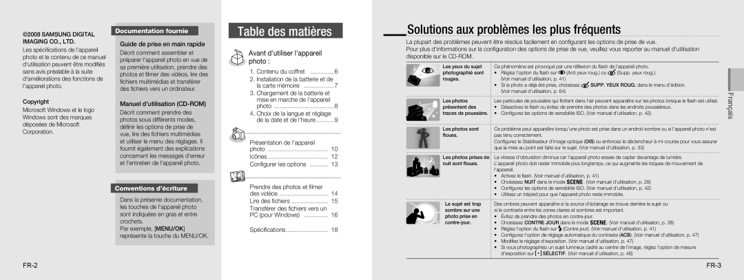 Samsung EC-NV9ZZSBA/RU Solutions aux problèmes les plus fréquents, Avant dutiliser lappareil photo, Documentation fournie 