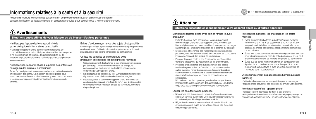 Samsung EC-NV9ZZSBA/FR, EC-NV9ZZPBA/FR, EC-NV9ZZBBA/FR manual Informations relatives à la santé et à la sécurité, FR-4 FR-5 