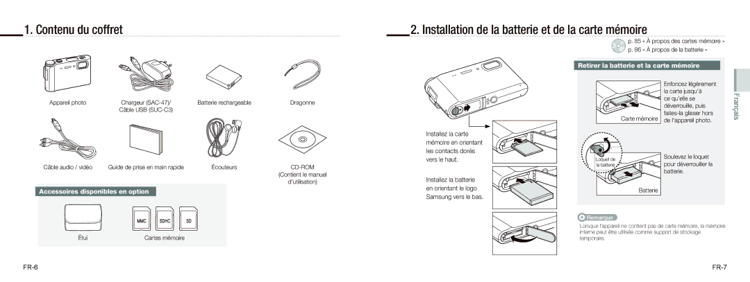 Samsung EC-NV9ZZPBA/FR manual Retirer la batterie et la carte mémoire, Accessoires disponibles en option, FR-6 FR-7 